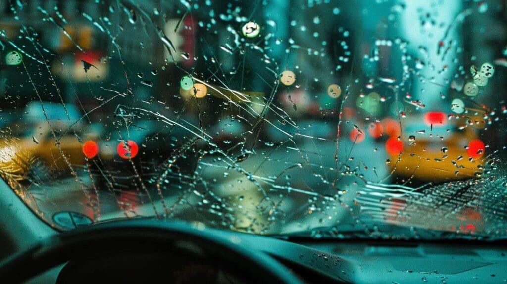 a close-up of a car windshield displaying heavy fogging and multiple scratches, set against the backdrop of a bustling city street, highlighting the urgent need for auto glass replacement to ensure safe driving.