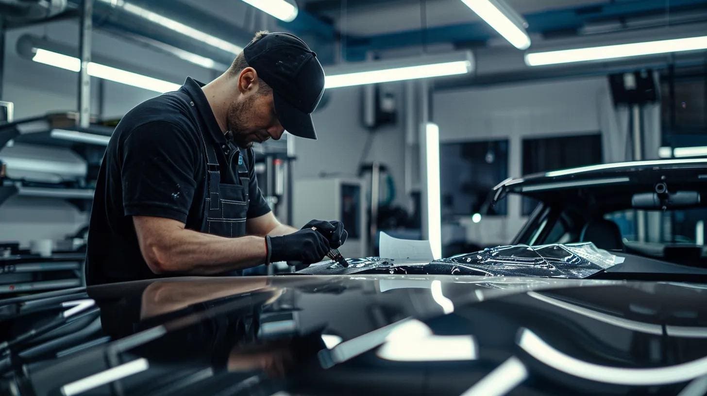 a sleek, modern auto glass repair shop features a well-organized workspace with advanced equipment and an auto technician meticulously inspecting a vehicle's windshield under bright, focused lights, conveying professionalism and attention to detail.