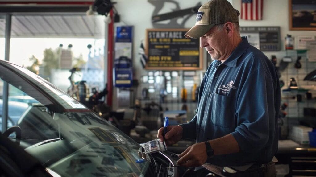 an inviting auto glass repair shop features a skilled technician meticulously inspecting a vehicle's windshield, surrounded by certification awards and glowing customer testimonials showcased prominently on the walls, emphasising professionalism and trust.