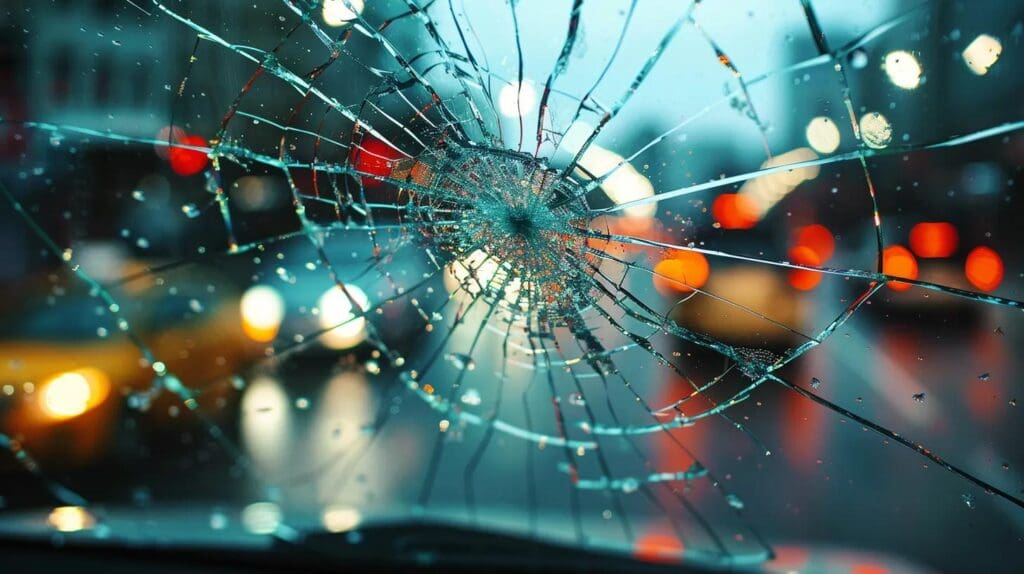 a close-up of a cracked auto windshield in a busy urban environment, with blurred city traffic in the background, highlighting the harsh impact of external factors such as road debris and harsh weather conditions.