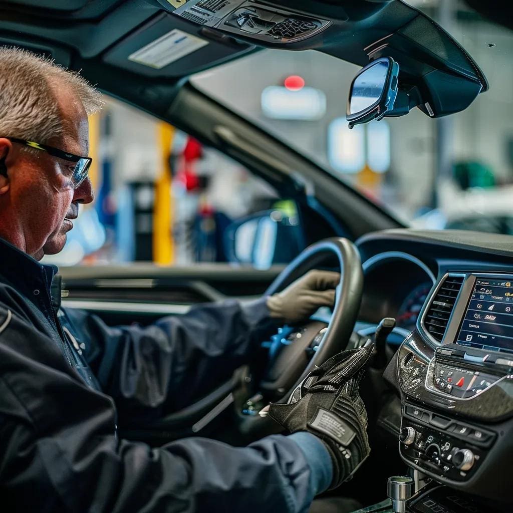 Technician performing ADAS recalibration on a vehicle, illustrating the importance of safety systems in windshield replacement