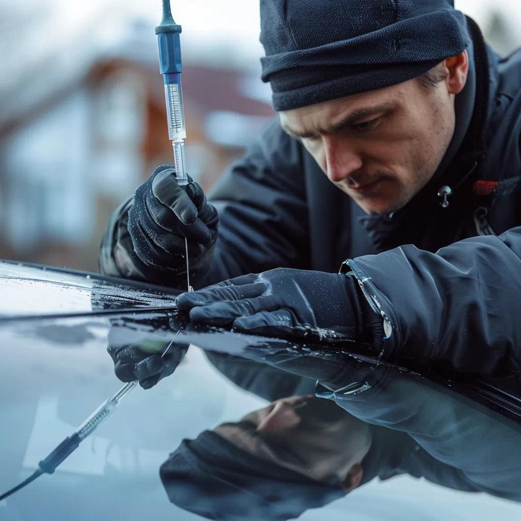 Technician performing windshield resin injection repair on a car, highlighting the service's efficiency and convenience