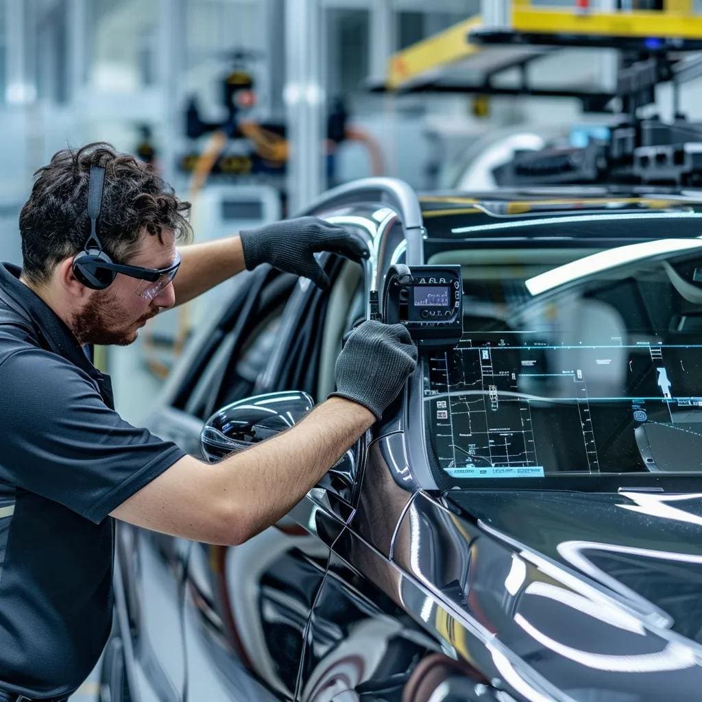 Technician calibrating ADAS on a vehicle windshield in a workshop